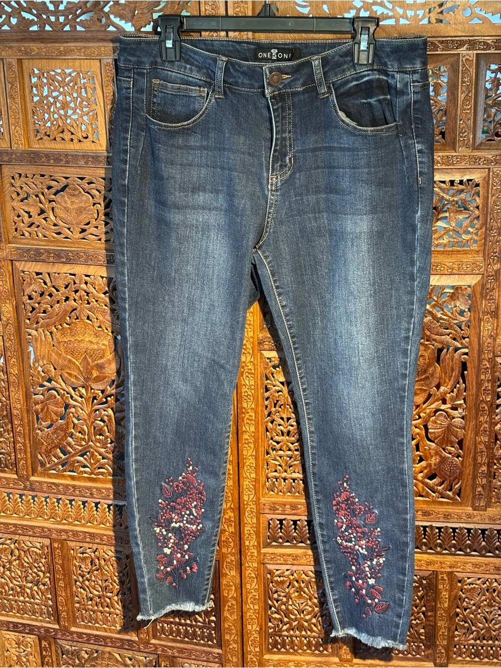 one 5 one  Blue Straight Leg Jeans with Red Embroidered Ankles